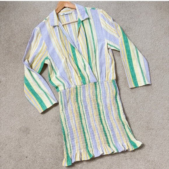 Zara Mini Dress Shirred Skirt Pastel Stripe Long Sleeve Cotton Mini Dress Large - Picture 2 of 15